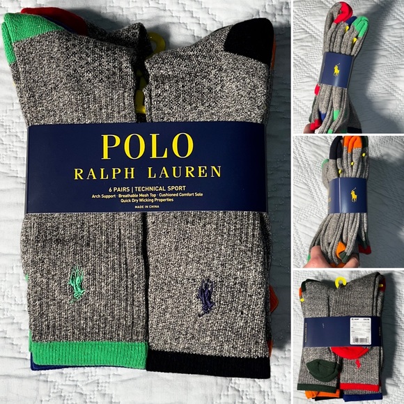 $29 Men’s 6 PACK POLO RALPH LAUREN TECHNICAL SPORT CUSHIONED SOLE CREW SOCKS - Picture 1 of 8